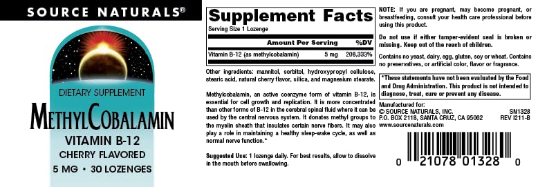 Source Naturals Methylcobalamin Vitamin B12, 5 mg - 30 Lozenges | Cherry Flavored | Nerve Support | Energy Support* 30 Count (Pack of 1)