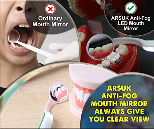 Dental Mirror for Teeth with LED Light – Dentist Mirror for inside Mouth, Gums & Tongue – Anti-Fog Reusable Mouth Mirror Dental for Home Use, handheld dental mirror by ARSUK – 2 Pack
