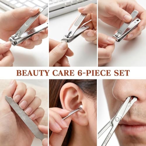 Nail Clippers 6 in 1 Manicure Set - Professional Nail Kit Gifts for Men Women, Fingernail & Toenail Clippers Kit with Leather Case Travel Essentials Ideas for Christmas Mother Father Valentine's Day