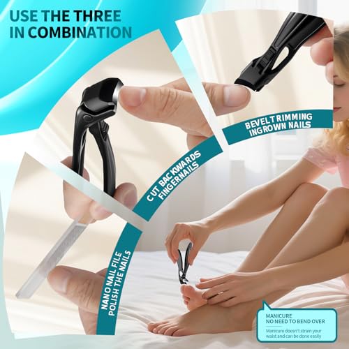 Upgraded ingrown toenail Clippers Set for Thick Nails for Seniors Ergonomic Angled Head and Heavy-Duty Long Handle for Thick Nails, Wide Jaw Nail Cutter with Catcher for Women and Men Curved handle set