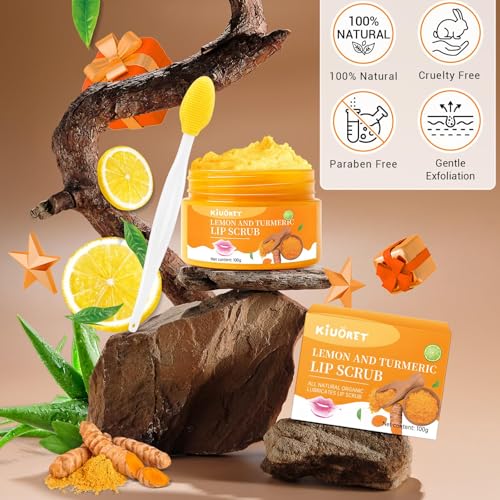 Lemon Turmeric Lip Scrub with Brush Set - lip Scrubber Exfoliator for Dark, Dry, Chapped LiPs, Reduce Fine Lines - Hydrating Moisturizing Lip Care for Instantly Smooth, Soft Lips 2.5 Ounce (Pack of 2)