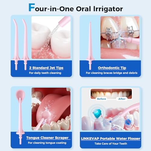 LINKEVAP Water Flosser for Teeth Pick,360ML Rechargeable Travel Oral Irrigator Cleaner,IPX7 Waterproof Daily Dental Care Machine for Home (Pink) Pink