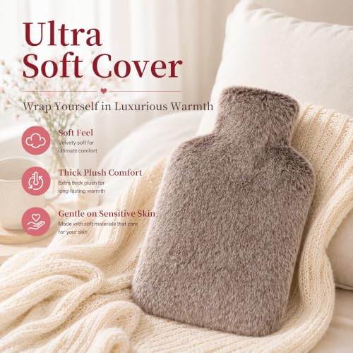 Hot Water Bottle with Luxury Cosy Faux Fur Cover, 2L Leakproof Hot Water Bag for Neck, Shoulder Pain Relief, Hot and Cold Therapies for Women,Men, Brown