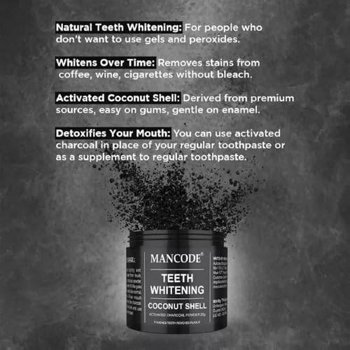 Mancode Teeth Whitening Powder, Coconut Shell, 50g Total,2 Pack