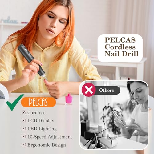 PELCAS Electric Nail Grinder, 10 Speeds Cordless Nail Drill with LED Light Grey