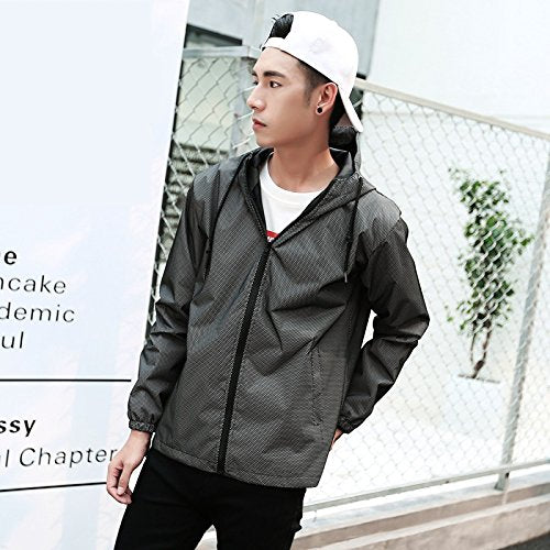 LZLRUN Reflective Jacket Casual Hiphop Windbreaker Night Sporting Coat Hooded Fluorescent Clothing Medium Grey