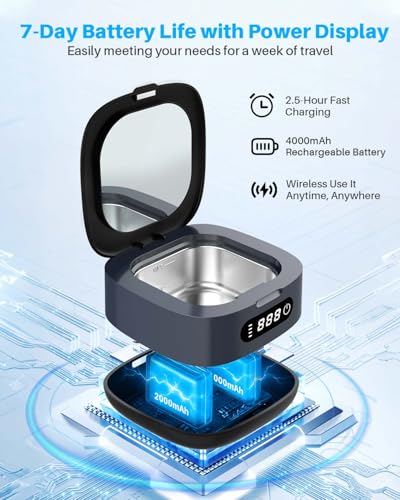Voraiya Rechargeable Ultrasonic Retainer Cleaner, Portable Retainer Cleaner Machine, 52kHz Retainer Cleaner for Dentures, Night Guards, Mouth Guards, 166ml Dental Cleaning Pod with Mirror, 3 Modes