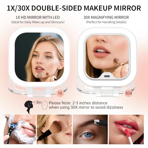 FUNTOUCH Travel Makeup Mirror, Portable Rechargeable Mirror with Lights White-c