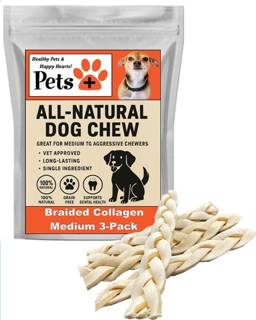 Pets Plus Premium Dog Treats – 3-Pack Braided Cheek Collagen Sticks for Dogs – Long-Lasting, Natural, High Protein Chew – Rawhide Alternative for Medium & Large Dogs 1 Ounce (Pack of 1)