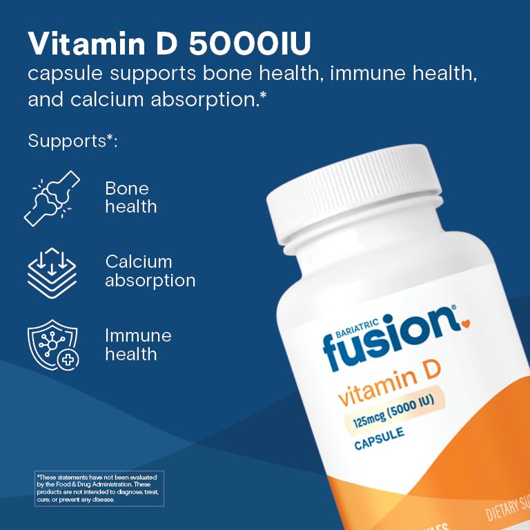 Bariatric Fusion Vitamin D3 5000 IU | Easy to Swallow Bariatric Vitamin D Capsule| One Per Day | Support Bone Strength and Calcium Absorption* | Post Bariatric Surgery | 90 Capsules Unflavored