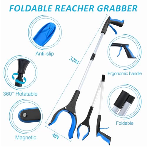 MXCOIRTP Assistive Device No Bending Kit for Elderly -Sock Aids, Foldable Reacher Grabber with 360° Rotating Jaw & Magnet, Long Shoe Horn Handle & Dressing Stick & Back Scratcher for Seniors, Disabled Black & Blue