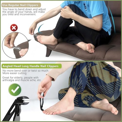 Toe Nail Clippers for Thick Nails for Seniors, Large Toenail Clippers for Men Adult, Ergonomics Long Handled Angled Head Wide Jaw Opening Sharp Blades Heavy Duty Fingernail Cutter - Black