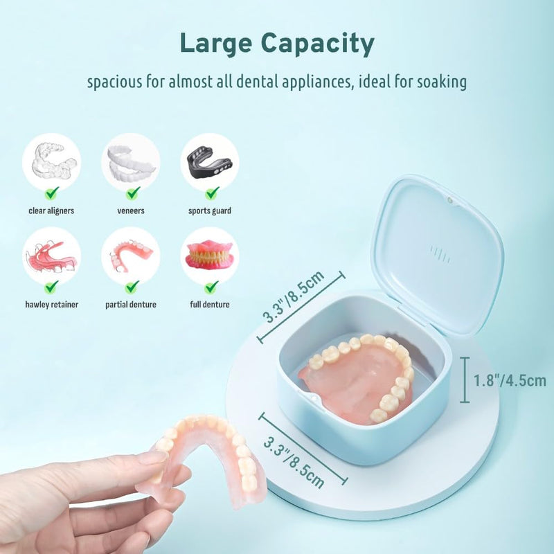 Discreet Denture Case with Vent Holes, Deep Denture Bath Cup with Brush, Tall Denture Box for Soaking, Large Cleaning Container for Retainers and Aligners (Clear Black) Clear Black with Brush - BeesActive Australia