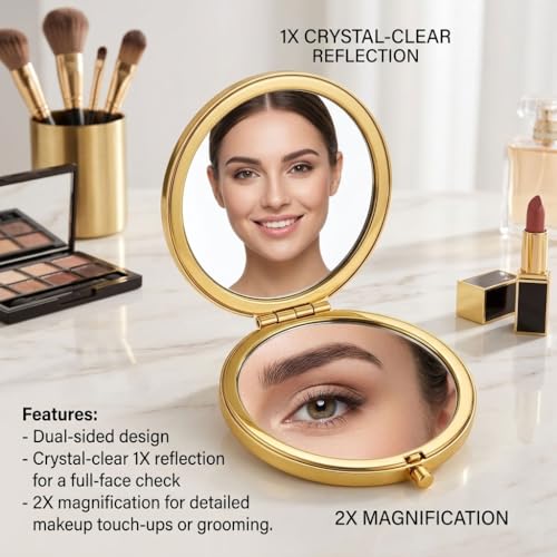 Magnifying Compact Double-Sided 1X/2X Round Pocket Handheld Travel Makeup Portable Pocket Mirror (5, Gold) 5