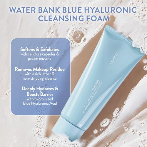 LANEIGE Water Bank Cleansing Foam: Hydrating Face Wash and Makeup Remover with Hyaluronic Acid & Papain Enzyme for Smooth, Soft Skin 3.4 Fl Oz (Pack of 1)