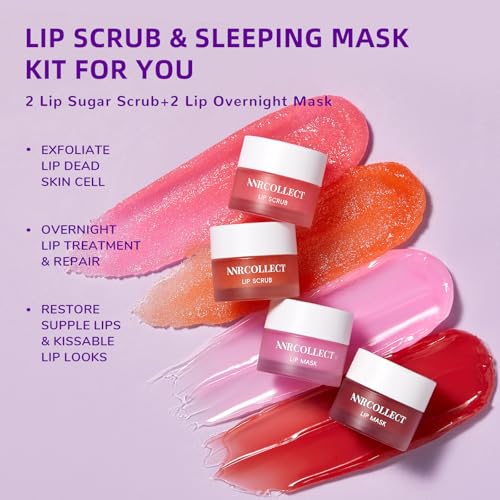 ANRCOLLECT Face and Lip Skincare Set with Clay Mask Set(4 Pack) and 1 Lip Care Kit(2 Lip Scrub and 2 Lip Mask)