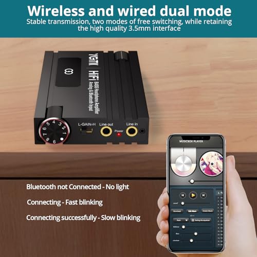 Professional 16-600Ω Bluetooth Headphone Amplifier with Bass Boost,3.5mm Portable HiFi Earphone Amplifiers,Gain Switch Bass Volume Adjust & Aluminum Case,Rechargeble Headphone Amp for Laptop HiFi BASS with Bluetooth