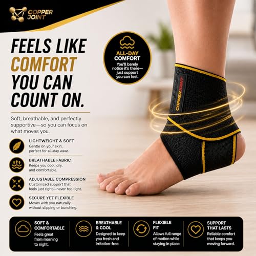 CopperJoint Adjustable Ankle Brace Wrap for Women and Men, One Size, Black