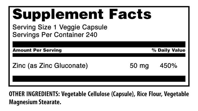 Amazing Formulas Zinc Gluconate | 50 Mg per Serving | 240 Vegetarian Capsules | Mineral Supplement | Non-GMO | Gluten-Free | Made in USA