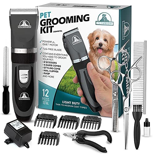 Pet Union Professional Dog Grooming Kit - Cordless Low Noise Dog Clippers for Grooming Thick Coats - All Pet Safe Cat Hair Trimmer - Pet Grooming Kit Includes Dog Hair Clippers, Nail Trimmer & Shears Gunmetal - BeesActive Australia