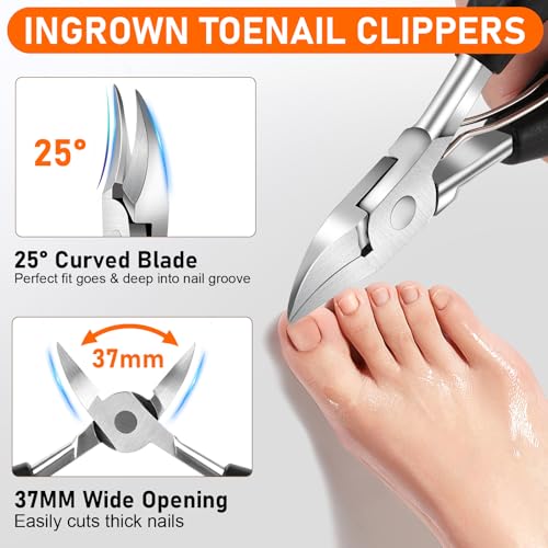 Toe Nail Clippers for Men, Toenail Clippers for Thick Nails for Seniors, German Ultra Sharp Stainless Steel Fingernail Clipper with Catcher, Heavy Duty Ingrown Nail Cutter Long Handle with Wide Jaw 4 in1 Toenail Clippers Set