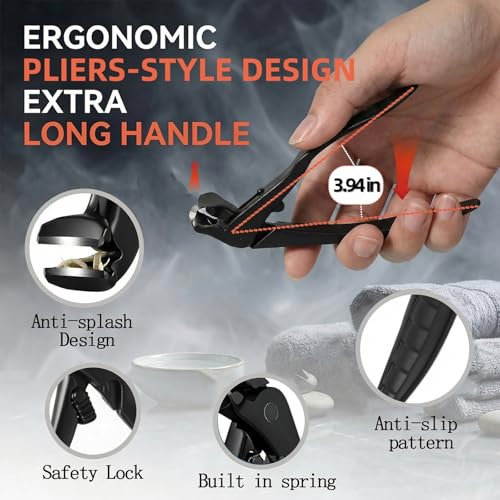 Ergonomic Curved Long Handle Nail Clippers - Pliers-Style Toenail Clippers, Easy Grip for Seniors and Thick Nails, Built-in Nail Catcher & Safety Switch (Silver) Silver