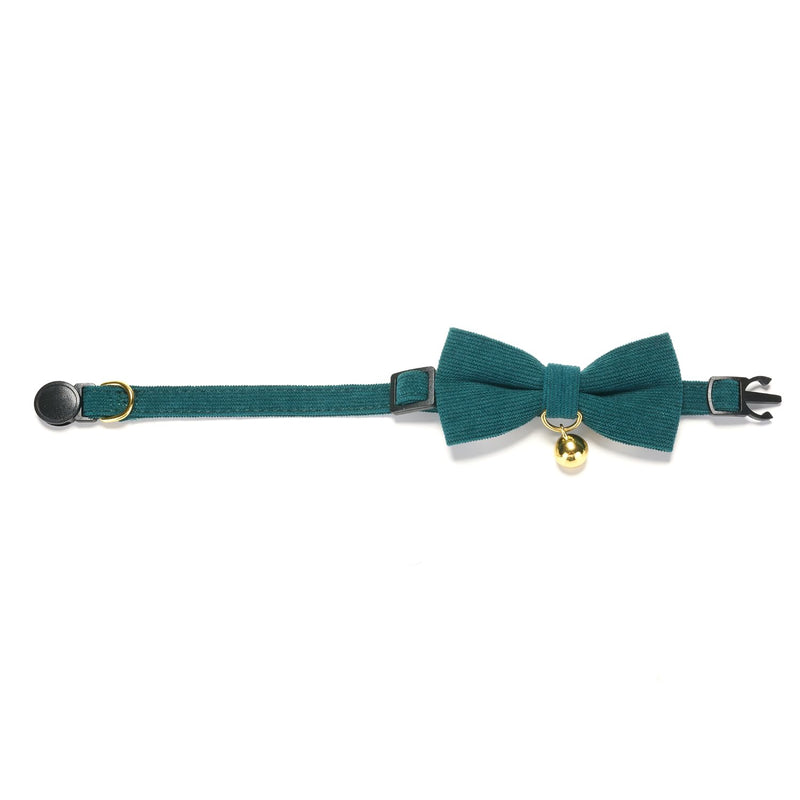 Cotton Breakaway Cat Collar with Bow Tie and Bell, Adjustable Cute Soft Corduroy Kitten Collars for Girl and Boy Cats,Dark Green Neck 7.5" - 11.0" Dark Green - BeesActive Australia