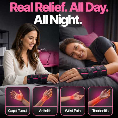 DR. BRACE Adjustable Wrist Brace Night Support for Carpal Tunnel, Doctor Developed, Upgraded with Double Splint & Therapeutic Cushion,Hand Brace for Pain Relief,Injuries,Sprains (S/M Left Hand, Black-Pink) Small/Medium (Left Hand)
