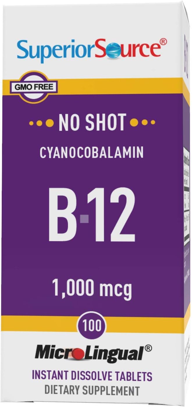 Superior Source No Shot Vitamin B-12 Cyanocobalamin 1000 mcg - Vitamin B-12 to Support Energy Production, Brain Health & Overall Wellness - Sublingual Tablets - 100 Dissolvable Tablets (Pack of 2) Unflavored 100 Count (Pack of 2)