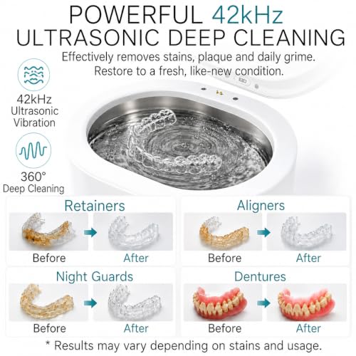 Ultrasonic Retainer Cleaner Machine, 42kHz Portable Dental Cleaning Pod for Retainers, Aligners, Night Guards, Mouth Guards and Dentures, 200ml One-Touch Dental Appliance Cleaner