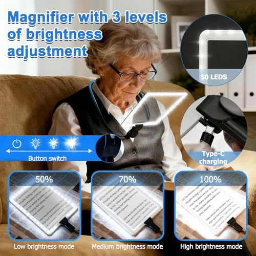 Large Hands-Free Magnifying Glass with 50 Ultra-Bright LED Light, Lightweight Lighted Neck Page Magnifier for Reading Books, Sewing, Knitting, Cross Stitch & Crafts for Close Work for Seniors.