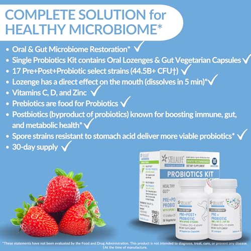StellaLife Probiotics Oral & Gut Prebiotics Post Probiotics Kit: 44B+ CFU, 11 Oral & 6 Gut Spore strains for Digestive & Dental Health, Bad Breath Treatment, Tongue Hygiene, Strawberry Flavor, 30-Day Oral & Gut 30-day supply