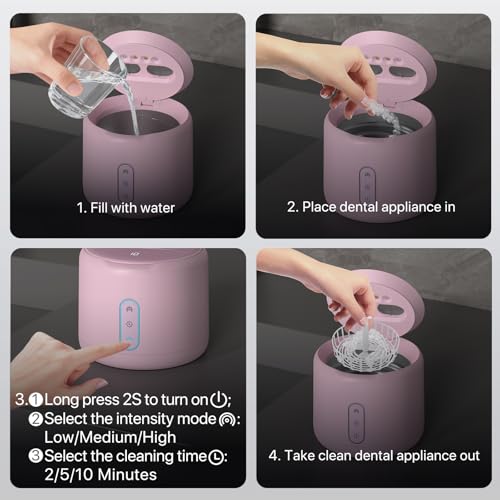 Ultrasonic Retainer Cleaner Machine, IPX6 Waterproof Denture Cleaner, 3 Modes Dental Cleaning Pod with RGB Indicator, 45kHz UV for Mouth Guards, 200ML Tank, Light Pink