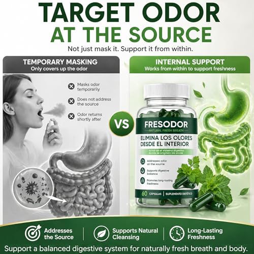 Fresodor para Mal Aliento, Internal Body Deodorizing Supplement with Chlorophyll, Peppermint, Parsley, Eliminate Bad Breath from Inside Out, Gut Health, Natural Fresh Breath Capsules, 60 Counts 1