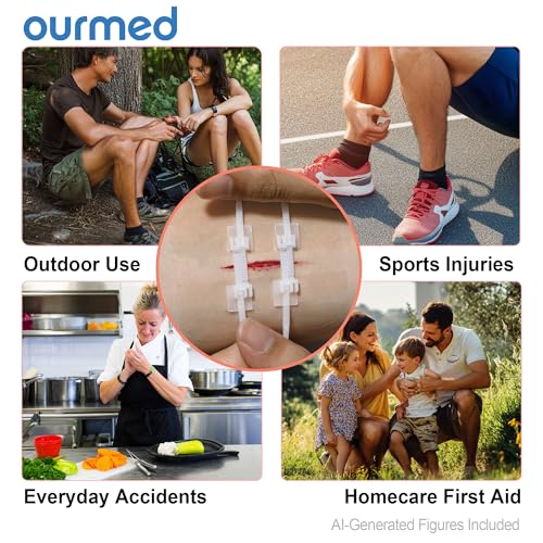 Ourmed Wound Closure Strips(2.4"x 2.8" - 4 Pcs), Butterfly Bandages for Wound Care, Steri Emergency Laceration Closures Without Stitches for Outdoors Use 2.4x 2.8 Inch
