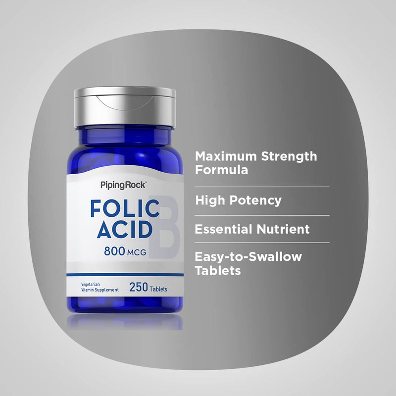 Piping Rock Folic Acid 800 mcg | 250 Tablets | Supplement for Women and Men | Maximum Strength Folate | Vegetarian, Non-GMO, Gluten Free