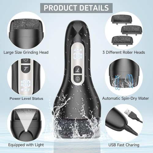 AdamPark Electric Foot File Callus Remover, Rechargeable Pedicure Tools Foot Care Kit, Portable Callus Remover Kit with 3 Roller Heads,2 Speed,Battery Display (Black Z2) Black Z2