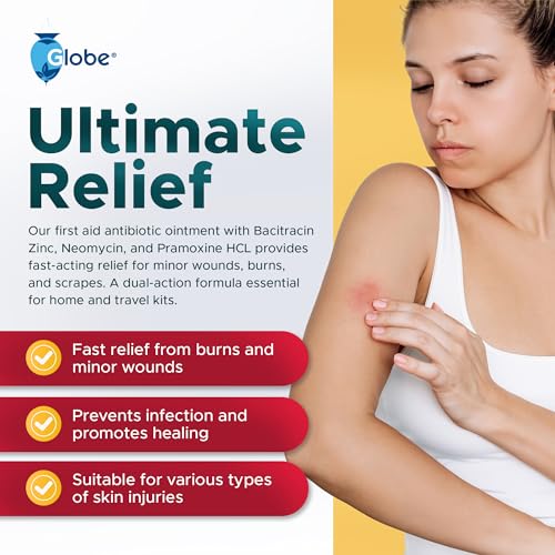 Globe First Aid Antibiotic Burn Relief, Maximum Strength Triple Antibiotic Ointment for 24-Hour Infection Protection 2 Ounce