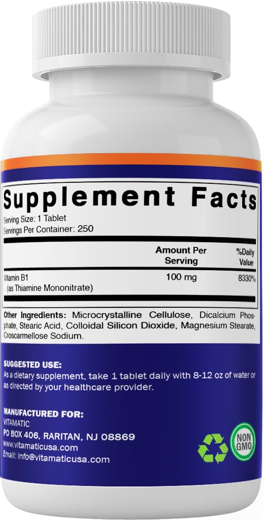 Vitamatic Vitamin B1 (As Thiamine Mononitrate) 100mg – 250 Vegetarian Tablets Supports Energy Production, Nervous System Function & Heart Health* (Pack of 2) 250 Count (Pack of 2)