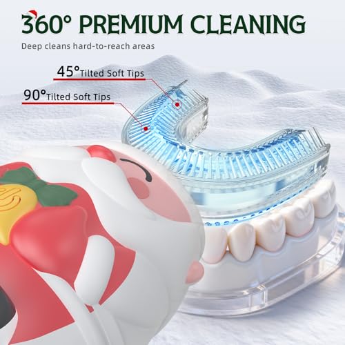 Kids U-Shaped Electric Toothbrush with 4 Brush Heads, Sonic Toothbrush Kids with 5 Modes & 60s Timer, Cartoon Santa Claus 360-Degree Cleaning, IP64 Waterproof & Dustproof (Ages 2-6)