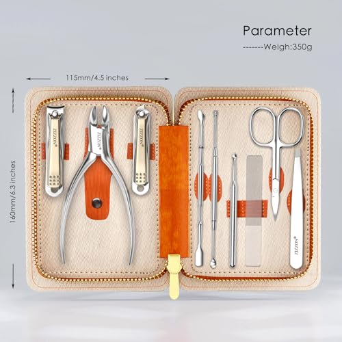 ZIZZON Manicure Set Professional Stainless Steel Toenail and Fingernail Clippers Set 9 in1 Pedicure and Grooming kit with Travel Case (Orange) Orange