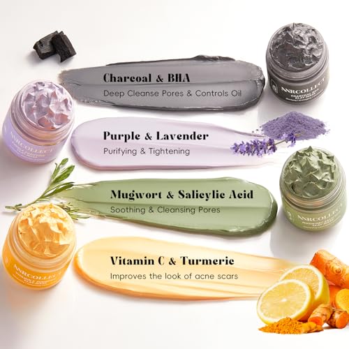 ANRCOLLECT Face and Lip Skincare Set with Clay Mask Set(4 Pack) and 1 Lip Care Kit(1 Lip Scrub and 3 Lip Mask)