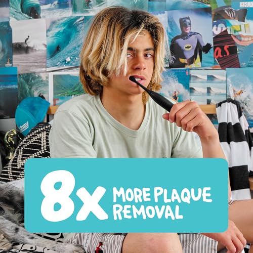 Made by Dentists Sonic X Electric Toothbrush – Rechargeable Kids Sonic Toothbrush, 8X Plaque Removal, 2 Speed Modes, 2-Minute Timer 6 Brush Heads Included, Tweens Ages 7+, Good Vibes Only Edition Black and Blue