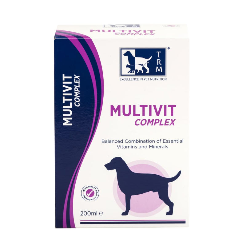 TRM PET Multivit Complex (200ml). Balanced complementary feed containing essential vitamins and minerals needed for general good health, energy and vitality. Suitable for all breeds and ages of dogs. 200ml