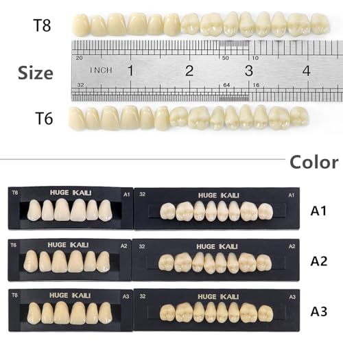 JMU 112 Pcs Dental Acrylic Resin Denture Teeth Shade A1 T8-4 Sets, False Teeth for Replacement, Halloween, DIY (28 Pcs/Set) T8, 4 Set