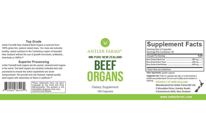 Antler Farms New Zealand Beef Organs - Heart Liver Kidney, 180 Ct, 400mg | 100% Pure Grass Fed Beef Organ Supplement, Cold Processed, Pure and Clean rBGH Free, No Fillers or Additives