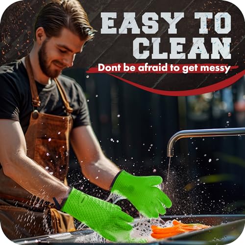 KITCHEN PERFECTION Silicone Smoker Oven Gloves -Extreme Heat Resistant BBQ Gloves-Handle Hot Food Right on Your Grill Fryer&Pit|Waterproof Grilling Cooking Baking Mitts |Superior Value Set +2 Bonuses Green One Size