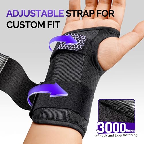 FEATOL Wrist Brace with Ergonomic Wrist Splint Right Hand, Breathable Hand Support for Women and Men, Pain Relief for Carpal Tunnel, Tendonitis & Daily Work, Medium Black Purple