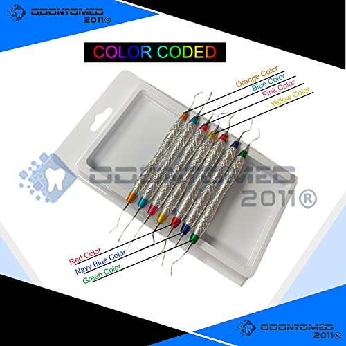 Set of 7 Gracey Periodontal Curettes 1/2-13/14 Double Ended Dual End Hollow Handle Color Coded & Chrome Plated Handle Dental Instruments with Protective Packing DN-2355