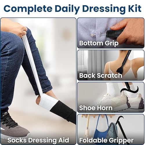 Premium 3 Dressing Aid Kit Shoe Horn Sock Aids for Putting on Long Handle Helper Seniors Assistant Device No Bending Disability Tool Pregnancy Scratcher Zipper Button Limited Mobility